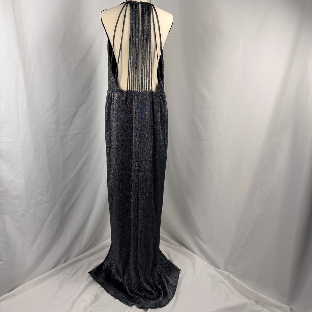 Halston Heritage Evening Gown Women 14 Gunmetal NEW Metallic V-Neck Open Back
